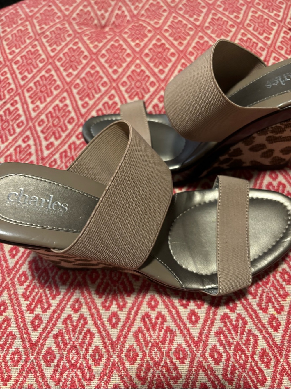 Charlies Taupe Elastic Strap Leopard Wedge Sandals